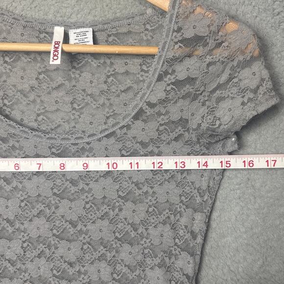 Bongo Y2K Sheer Floral Lace Gray Tee Top Retro Layering Long Waist Vintage Vibe - Picture 3 of 6